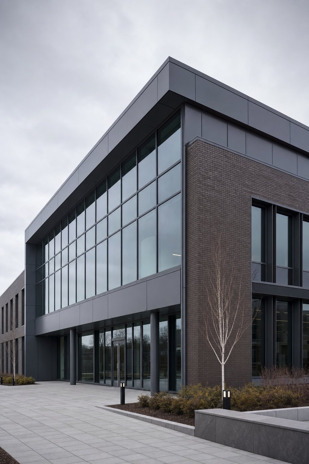 Modern commercial building with steel and glass facade