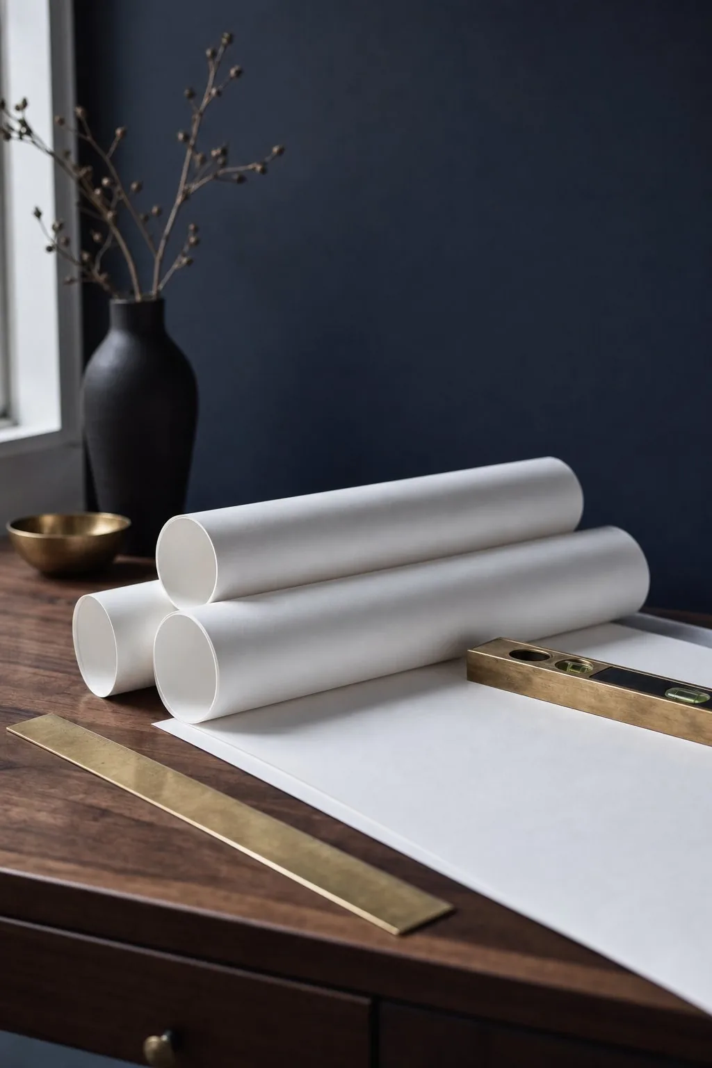 Rolled drawing sheets and brass tools on a walnut table