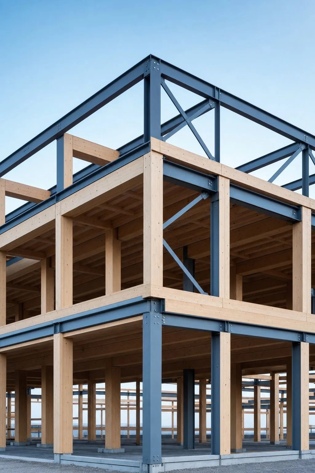 Timber and steel building frame under a clear sky