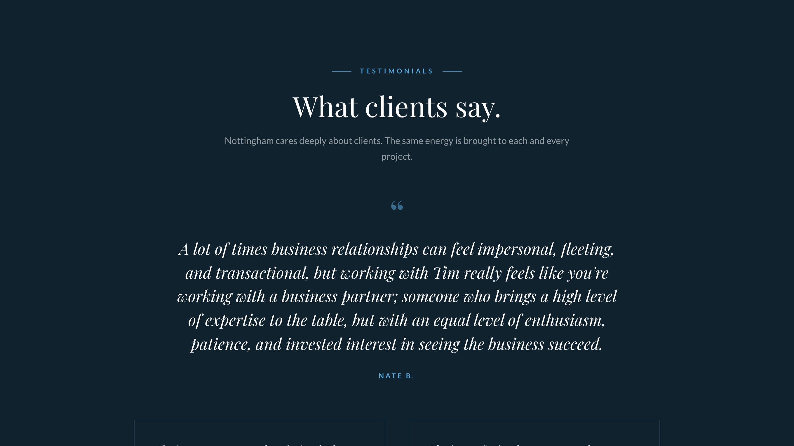 The testimonials section of the new homepage
